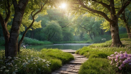 Beautiful landscape in the park with a path leading to the lakeの写真素材