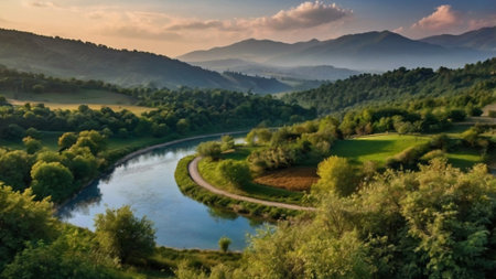 Beautiful panoramic view of the river and the mountains at sunsetの写真素材