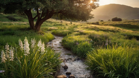 Beautiful summer landscape with a small creek in the mountains at sunsetの写真素材