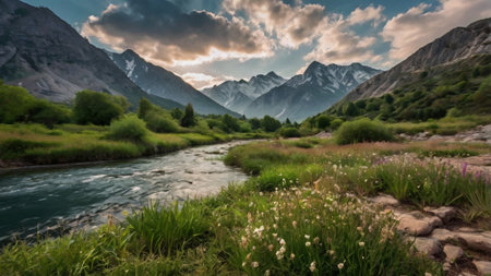 Beautiful summer landscape. Mountain river and cloudy sky. Panorama.の写真素材