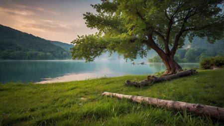 Lonely tree on the shore of a mountain lake at sunsetの写真素材