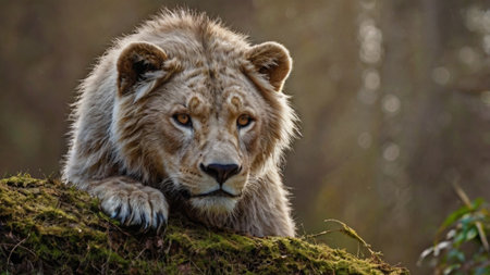 Male lion lying on a mossy log in a woodland setting.の写真素材