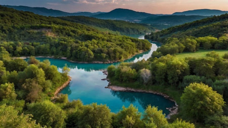 Panoramic view of the turquoise water of the Plitvice Lakes National Park in Croatiaの写真素材