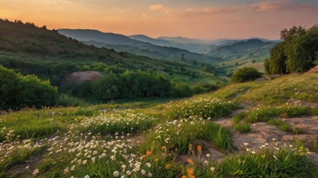 Panoramic view of the meadow in the mountains at sunsetの写真素材