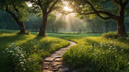 Path in the park at sunset. Beautiful summer landscape with sunbeams.の写真素材