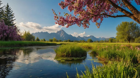 Beautiful spring landscape with a lake and mountains in the background.の写真素材