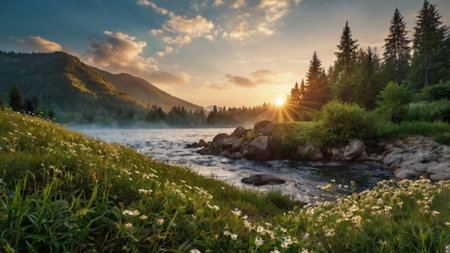 Sunset over a mountain river in the Ukrainian Carpathians.の写真素材