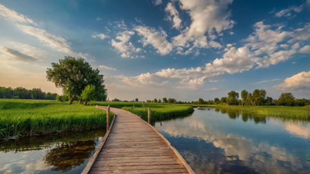 Wooden bridge over the lake and blue sky with white clouds.の写真素材