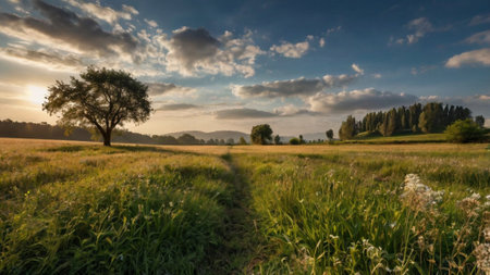 Panoramic view of a meadow with a lonely tree in the backgroundの写真素材