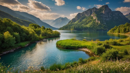 Panoramic view of the mountain lake in the Alps. Beautiful summer landscape.の写真素材
