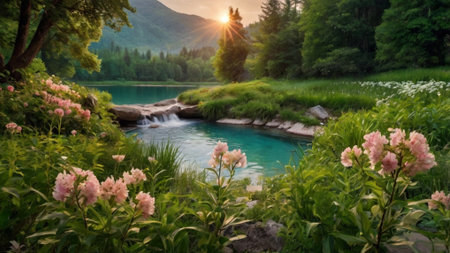 Beautiful summer landscape with a mountain river and blooming flowers.の写真素材