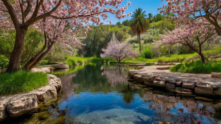 Beautiful spring garden with blooming trees and pond, panoramaの写真素材