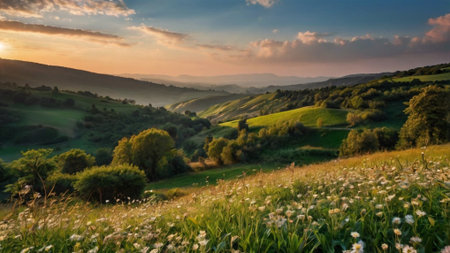 Panoramic view of the rolling hills at sunsetの写真素材