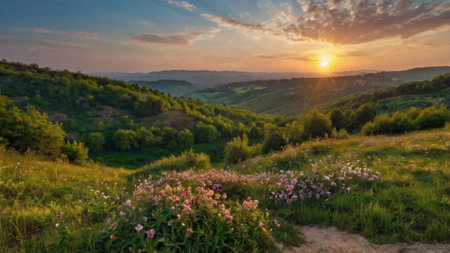 Beautiful sunset in the mountains. Landscape with meadow and flowersの写真素材