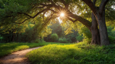 Sunset in the summer forest. Sun rays through the branches of a tree.の写真素材