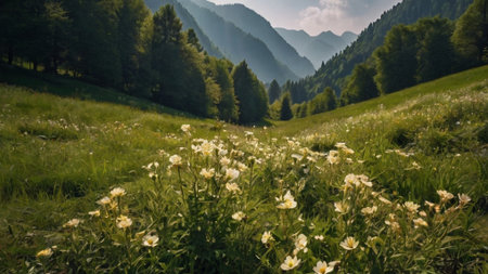 mountain meadow with wild flowers in the morning light, Switzerlandの写真素材