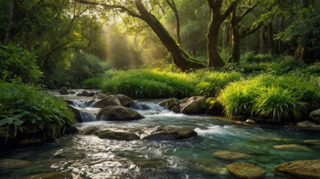 A beautiful shot of a river flowing through a forest in the morningの写真素材