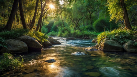 River in the forest at sunset. Beautiful nature landscape with river.の写真素材