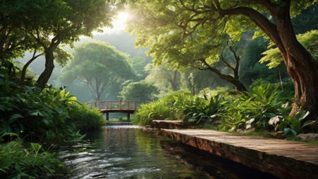 Wooden bridge over a stream in a Japanese garden in the morningの写真素材