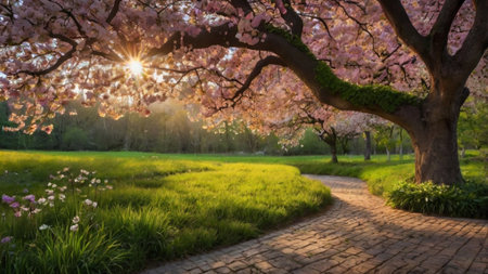 Cherry blossom trees in the park in spring with sun raysの写真素材
