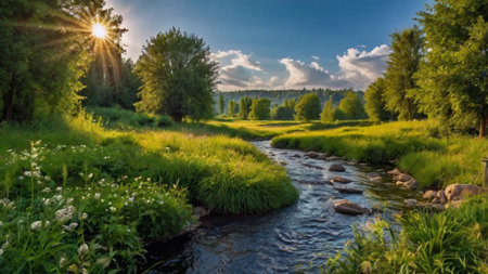 Beautiful summer landscape with the river and forest at sunset. Panoramaの写真素材