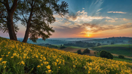 Sunset over the Tuscany hills with yellow flowers in the foregroundの写真素材