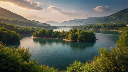 Panoramic view of the lake in the mountains at sunset.の写真素材