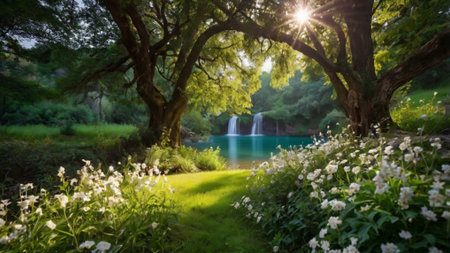 Beautiful summer landscape with a waterfall in the forest and white flowersの写真素材