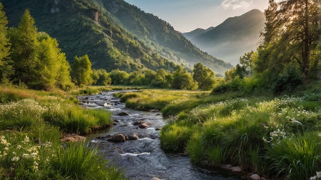 Panoramic view of a mountain river in the Pyreneesの写真素材