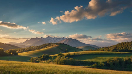 Beautiful sunset in the mountains. Landscape with green meadowの写真素材