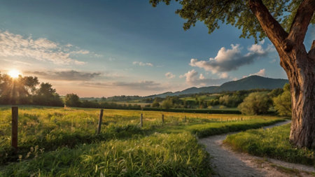 Panoramic view of a path in the middle of a field at sunsetの写真素材