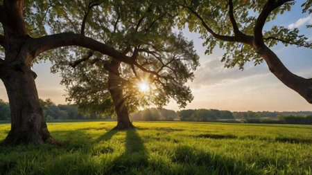 Sunset over the meadow and oak trees. Beautiful summer landscape.の写真素材