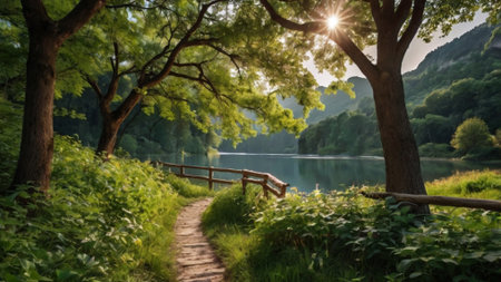 Beautiful summer landscape with green forest and lake in the morning.の写真素材