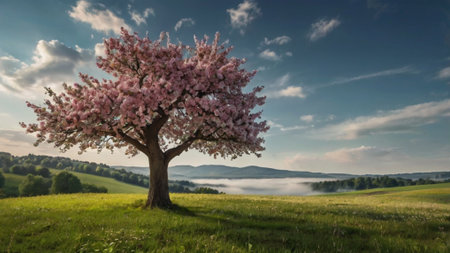 Beautiful pink sakura tree in the meadow with fog and blue skyの写真素材