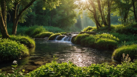 Beautiful waterfall in the forest with sunlight. Nature landscape background.の写真素材