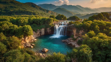 Panoramic view of beautiful waterfall in the mountains at sunset.の写真素材