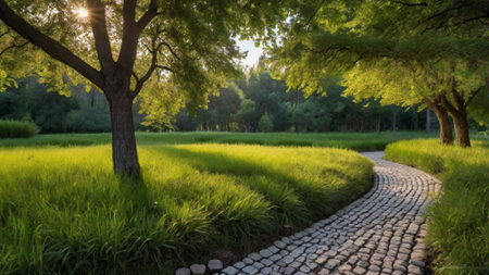 Pathway through the park with green grass and trees in the eveningの写真素材