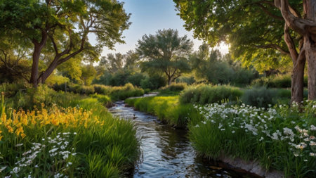 Panoramic view of a small river in a green park at sunsetの写真素材