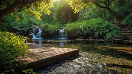Waterfall in the park at sunset, beautiful nature landscape background.の写真素材