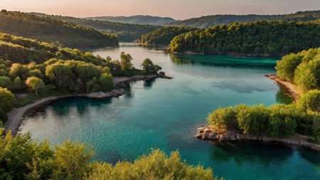 Aerial view of beautiful lake with turquoise water and green forest at sunsetの写真素材