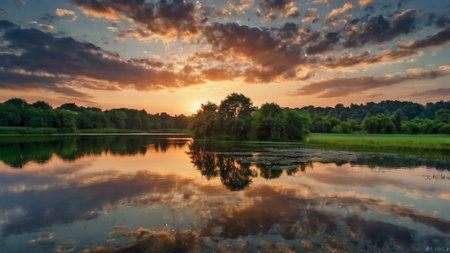 Beautiful sunset over the river. Sunset over the river. Summer landscape.の写真素材