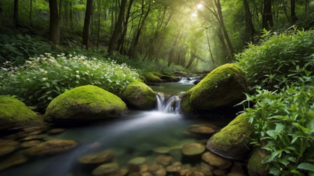 Mountain stream in the green forest with stones and moss in summerの写真素材