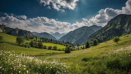 panoramic view of alpine meadow in summer with blue skyの写真素材