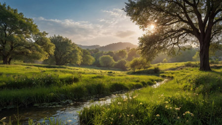 Sunset over the river with trees and meadow in the foregroundの写真素材