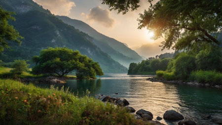 Beautiful landscape of the river and mountains at sunset in summer.の写真素材