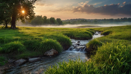 Beautiful landscape with a small river and green grass at sunrise.の写真素材