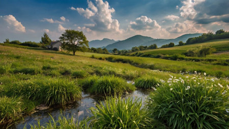 Panoramic view of idyllic summer landscape with green meadow and small church in mountainsの写真素材