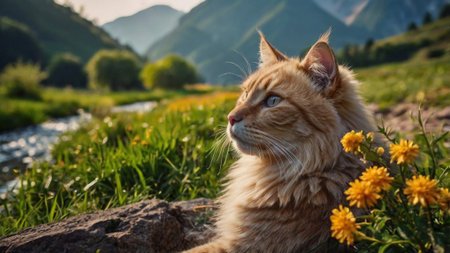 Ginger cat on the background of mountains and meadows with yellow flowersの写真素材