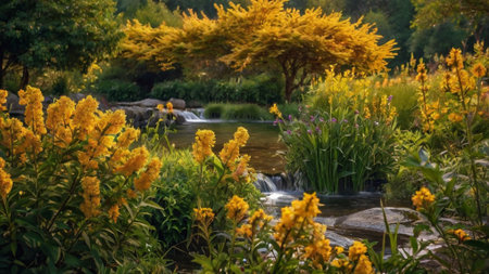 Beautiful yellow flowers in the garden with a waterfall in the backgroundの写真素材