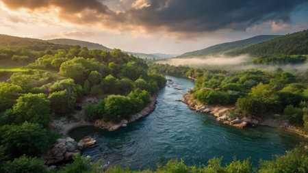 Panoramic view of the mountain river in the morning mist.の写真素材